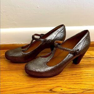 Frye Metallic Mary Jane T-Strap Leather Heels size 5.5